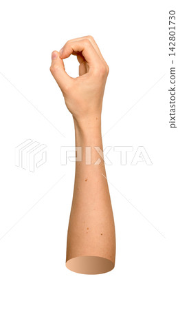 Human arm extended vertically with thumb and fingers forming complete circle. Natural skin hand Human arm extended vertically with thumb and fingers forming complete circle. Natural skin hand 142801730