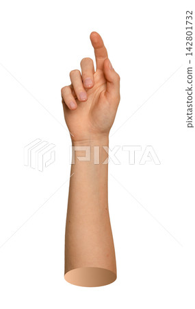 Human wrist angled upward as forefinger pad presses invisible interactive display. Natural skin arm Human wrist angled upward as forefinger pad presses invisible interactive display. Natural skin arm 142801732