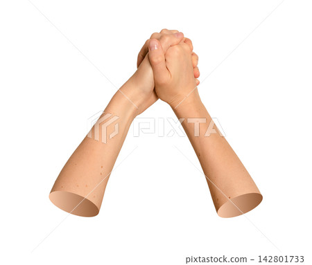 Interlocked fingers forming supportive wrist position from front perspective. Human hands grasping Interlocked fingers forming supportive wrist position from front perspective. Human hands grasping 142801733
