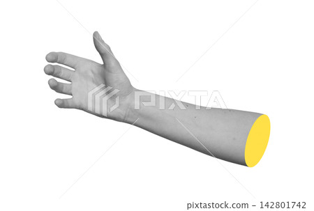 Monochrome arm extended horizontally side view ready for handshake, grip or reaching forward. 142801742