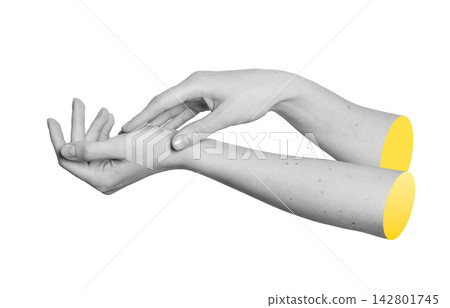 Monochrome female hands resting horizontally while touching wrist delicately. Soft skin texture Monochrome female hands resting horizontally while touching wrist delicately. Soft skin texture 142801745