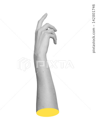 Monochrome forearm raising forefinger to tap non existent glass screen gently. Grayscale hand Monochrome forearm raising forefinger to tap non existent glass screen gently. Grayscale hand 142801746