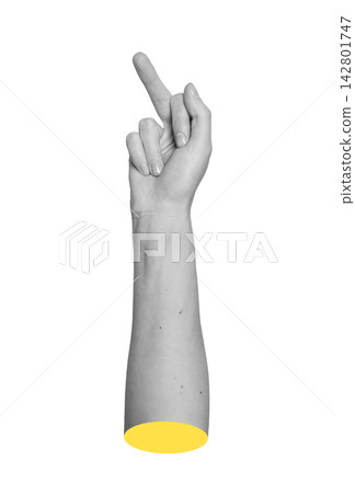Monochrome forearm raising middle digit in vulgar fuck off response or rebellious outburst. Monochrome forearm raising middle digit in vulgar fuck off response or rebellious outburst. 142801747