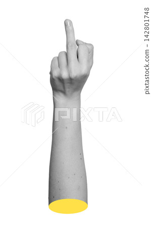 Monochrome hand gesturing obscene middle finger upward with tight fist posture. Grayscale arm Monochrome hand gesturing obscene middle finger upward with tight fist posture. Grayscale arm 142801748