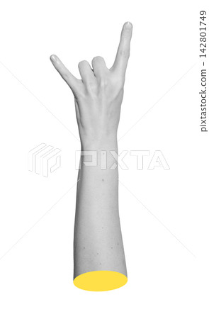 Monochrome hand raised high in rock on devil horns posture for music event promotion. Grayscale Monochrome hand raised high in rock on devil horns posture for music event promotion. Grayscale 142801749