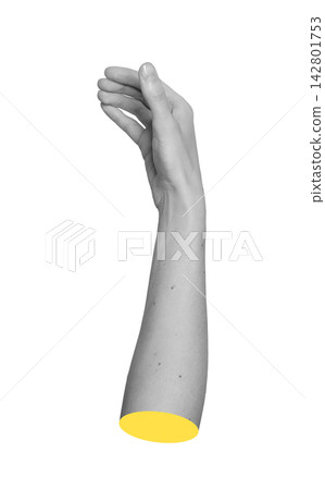Monochrome limb reaching upward while fingers wrap around non existent bottle shape. Grayscale hand Monochrome limb reaching upward while fingers wrap around non existent bottle shape. Grayscale hand 142801753