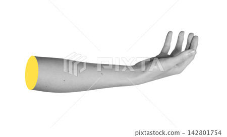 Monochrome open arm extended horizontally with palm turned upward holding invisible object. Monochrome open arm extended horizontally with palm turned upward holding invisible object. 142801754