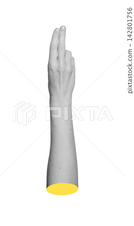 Monochrome right arm stretching upward with index and middle digits held joined together. Grayscale Monochrome right arm stretching upward with index and middle digits held joined together. Grayscale 142801756