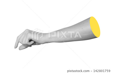 Monochrome side profile of arm holding tiny invisible item between index finger and thumb. Grayscale Monochrome side profile of arm holding tiny invisible item between index finger and thumb. Grayscale 142801759