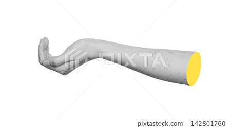 Monochrome side profile of cupped palm holding unseen handful or pinch of small object. Grayscale Monochrome side profile of cupped palm holding unseen handful or pinch of small object. Grayscale 142801760