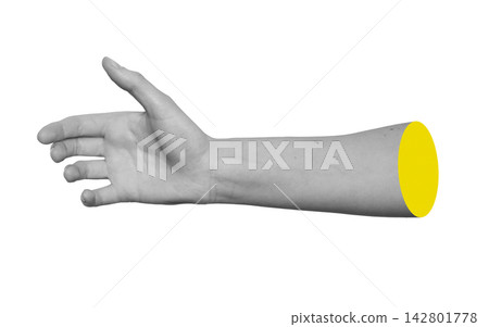 Monochrome side view of extended open arm offering handshake or reaching to grab unseen object. Monochrome side view of extended open arm offering handshake or reaching to grab unseen object. 142801778