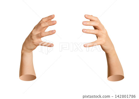 Pair of human hands spread wide to hold giant unseen globe or heavy product. Caucasian arms curved Pair of human hands spread wide to hold giant unseen globe or heavy product. Caucasian arms curved 142801786