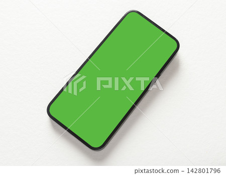 Phone mockup with a green chroma key screen lies horizontally on a plain grey background, Phone mockup with a green chroma key screen lies horizontally on a plain grey background, 142801796
