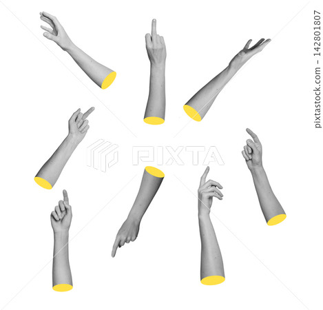 Set of monochrome hands using index and middle fingers to point, reach and click. Grayscale 142801807