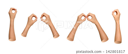 Set of tanned hands forming finger glasses, binoculars and OK sign circles. Diverse collection of Set of tanned hands forming finger glasses, binoculars and OK sign circles. Diverse collection of 142801817