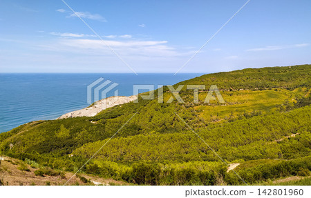 Experience pure tranquility with this majestic view of lush green hills meeting the vast blue ocean under a clear sky, evoking a sense of peaceful adventure. There is nobody. 142801960