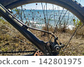 Framed by a bicycle wheel, a peaceful coastal view of the blue sea evokes feelings of freedom, active adventure, and serene summer exploration on a sunny day. There are no people. 142801975