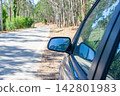 A closeup of a blue cars side mirror reflecting the sky on a sunny forest road trip, evoking a powerful sense of freedom, peaceful adventure, and escape. There are no people. 142801983
