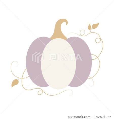 Pumpkin with light purple and cream color sits in the center isolated on white background. It has curling vines and small leaves around it Pumpkin with light purple and cream color sits in the center isolated on white background. It has curling vines and small leaves around it 142801986