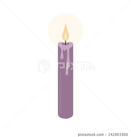 Burning purple candle vector illustration. Minimalist magic taper candle with melting wax drips and flame glow, isolated design element for Halloween and mystic aesthetics Burning purple candle vector illustration. Minimalist magic taper candle with melting wax drips and flame glow, isolated design element for Halloween and mystic aesthetics 142801988
