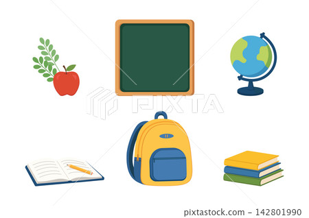 Collection of school supplies including an apple, globe, backpack and books isolated on white background 142801990