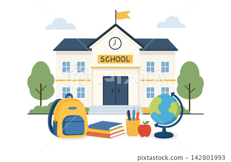 Illustration of school building with educational items and trees on a sunny day, isolated on white background 142801993