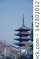 Kyoto in spring: The traditional streets of Higashiyama with cherry blossoms and Yasaka Pagoda in view. 142802012