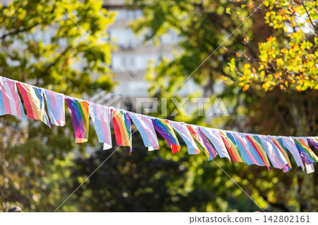 Rainbow Pride Bunting Decoration in Outdoor Park Rainbow Pride Bunting Decoration in Outdoor Park 142802161