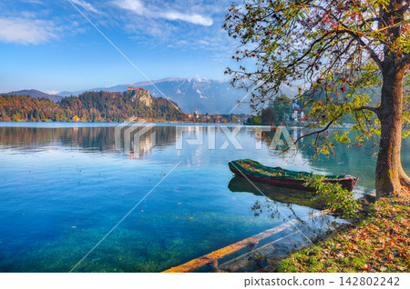 Sunny day view on popular tourist destination Bled lake. Sunny day view on popular tourist destination Bled lake. 142802242