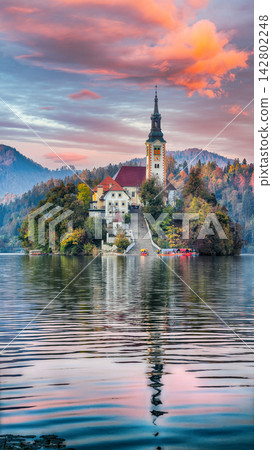 Remarkable sunset view of popular tourist destination Bled lake. Remarkable sunset view of popular tourist destination Bled lake. 142802248