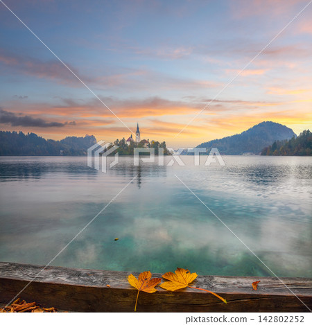 Remarkable sunset view of popular tourist destination Bled lake. Remarkable sunset view of popular tourist destination Bled lake. 142802252