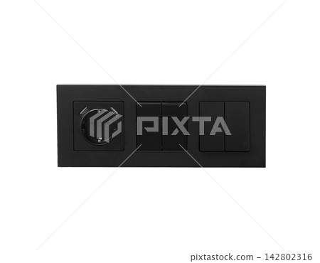 Black triple wall socket panel with power outlet and light switch isolated on clean white background Black triple wall socket panel with power outlet and light switch isolated on clean white background 142802316