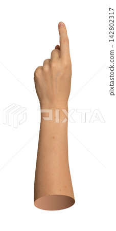 Caucasian arm pointing index finger vertically to tap or click screen button. Natural skin posture Caucasian arm pointing index finger vertically to tap or click screen button. Natural skin posture 142802317