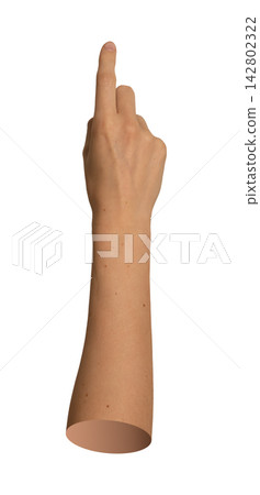 Caucasian hand pointing upward with index finger, clicking virtual button. Natural skin arm posture 142802322