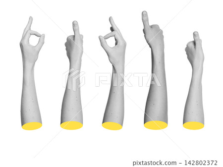 Grayscale set of approval hand signs including thumbs up, OK sign and fingerprint scan gesture. Grayscale set of approval hand signs including thumbs up, OK sign and fingerprint scan gesture. 142802372