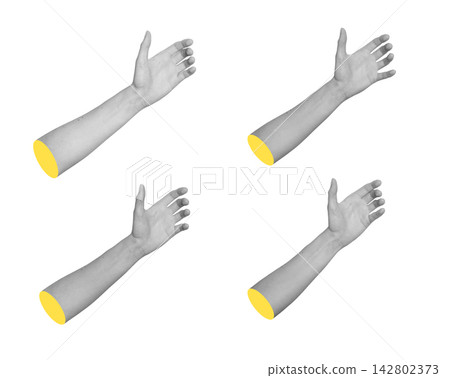 Grayscale set of arms reaching forward at an angle to hold or present unseen objects. Monochrome Grayscale set of arms reaching forward at an angle to hold or present unseen objects. Monochrome 142802373