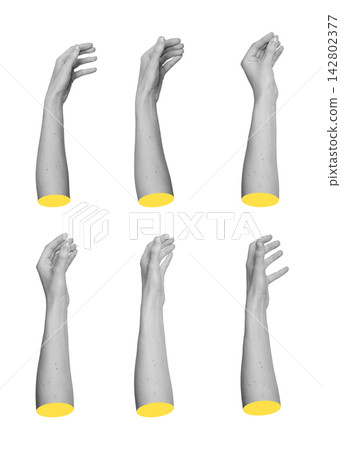 Grayscale set of gentle hand postures lightly touching or holding unseen objects. Monochrome Grayscale set of gentle hand postures lightly touching or holding unseen objects. Monochrome 142802377