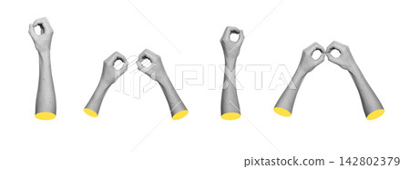 Grayscale set of hands forming letter O, circle shape and finger glasses around eyes. Monochrome 142802379
