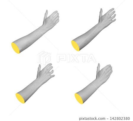 Grayscale set of hands holding invisible objects in side view angle. Monochrome collection of arm Grayscale set of hands holding invisible objects in side view angle. Monochrome collection of arm 142802380