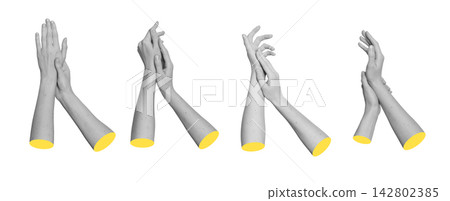 Grayscale set of hands illustrating skincare routine and delicate body care. Monochrome collection Grayscale set of hands illustrating skincare routine and delicate body care. Monochrome collection 142802385