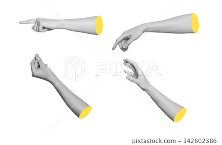 Grayscale set of hands pointing index finger and reaching out sideways. Monochrome collection of Grayscale set of hands pointing index finger and reaching out sideways. Monochrome collection of 142802386