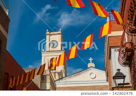 San Roque Church Tower and Spanish Festive Decorations in Alcantarilla San Roque Church Tower and Spanish Festive Decorations in Alcantarilla 142802476