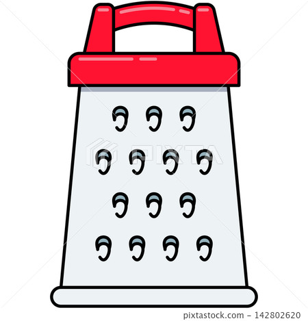 Flat style icon illustration of metallic grater with red handle isolated on transparent background. Graphic design element clip art for kitchen slicer assets. Flat style icon illustration of metallic grater with red handle isolated on transparent background. Graphic design element clip art for kitchen slicer assets. 142802620