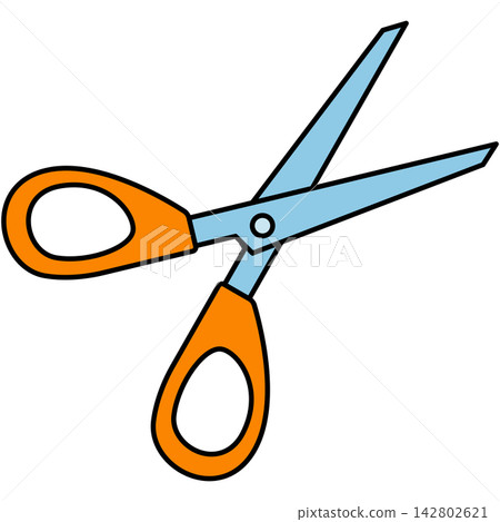 Flat style icon illustration of orange scissors isolated on transparent background. Graphic design element clip art for cutting stationery tailor craft tool assets. 142802621