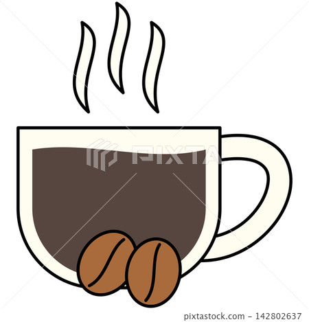 Flat style icon illustration of hot cup of coffee with coffee beans isolated on transparent background. Graphic design element clip art for cafe beverage assets. 142802637