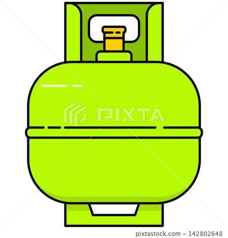 Flat style icon illustration of green LPG gas cylinder container isolated on transparent background. Graphic design element clip art for fuel tank energy assets. 142802648