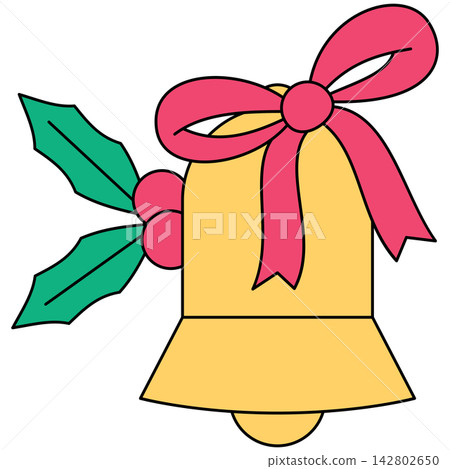 Flat style icon illustration of a Christmas bell with ribbon and holly leaves isolated on transparent background. Colorful graphic design element clip art for festive assets. Flat style icon illustration of a Christmas bell with ribbon and holly leaves isolated on transparent background. Colorful graphic design element clip art for festive assets. 142802650