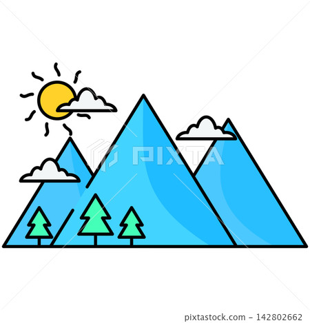 Flat style icon illustration of blue mountain peaks with sun and pine trees isolated on transparent background. Graphic design element clip art for campsite landscape assets. Flat style icon illustration of blue mountain peaks with sun and pine trees isolated on transparent background. Graphic design element clip art for campsite landscape assets. 142802662