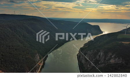 Danube river and mountains in Djerdap National Park at sunset 142802840