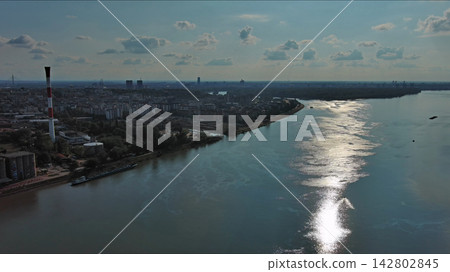 Belgrade at confluence of Sava and Danube rivers aerial Belgrade at confluence of Sava and Danube rivers aerial 142802845